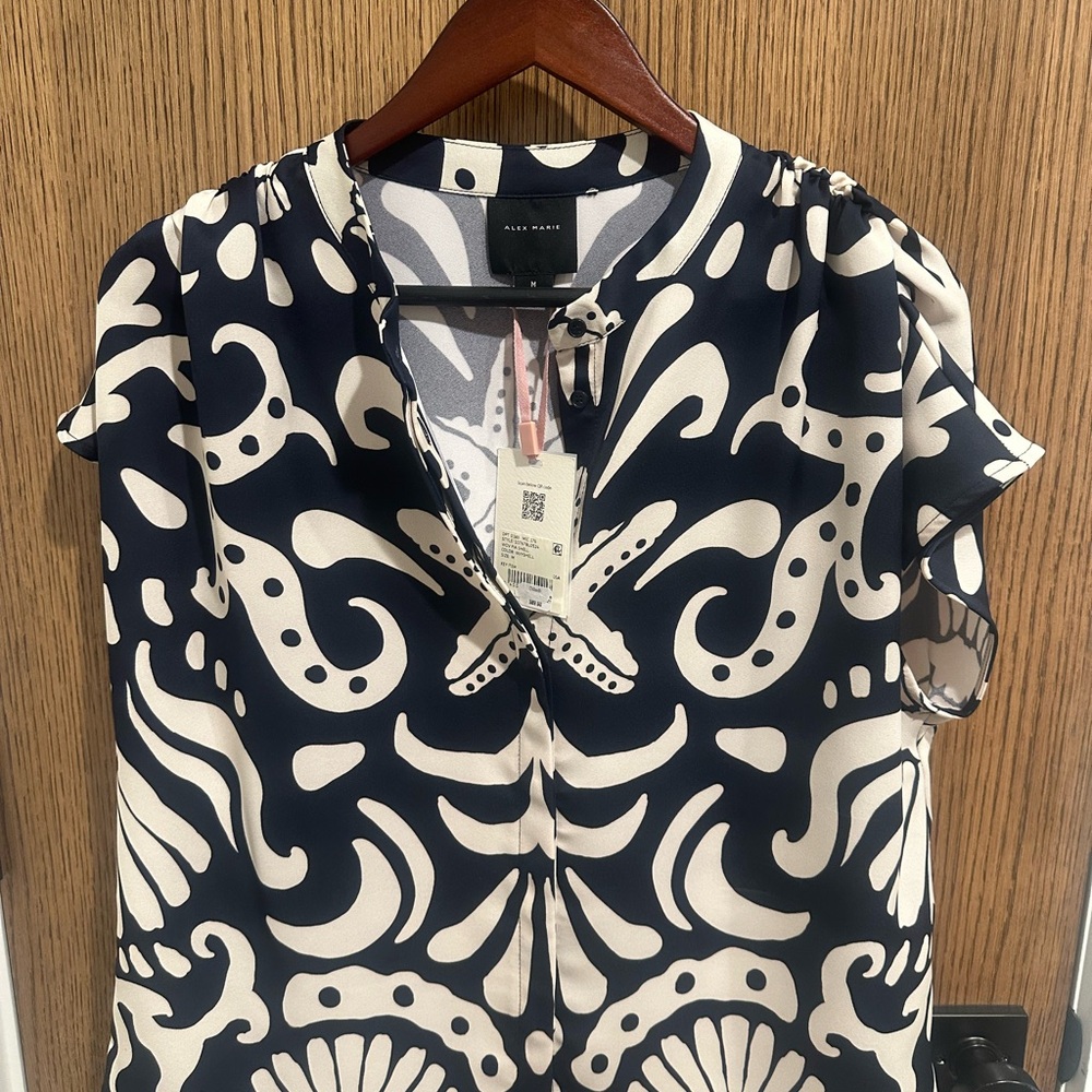 Alex Marie Elegant Navy and Cream Graphic Blouse with Short Sleeves